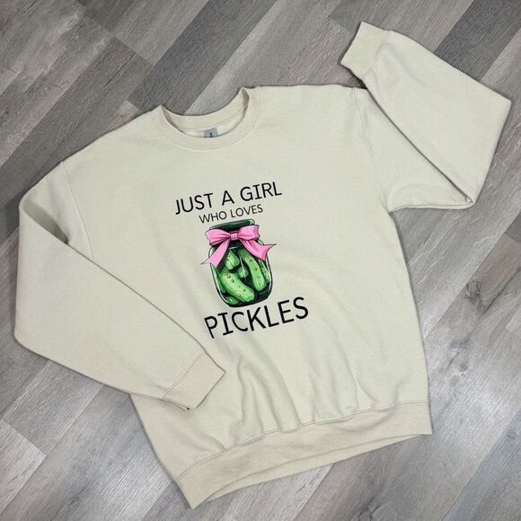 Just A Girl Who Lives Pickle Sweatshirt Tan Medium - Picture 14 of 14